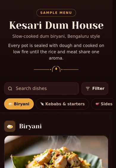 Kesari Dum House menu on a phone